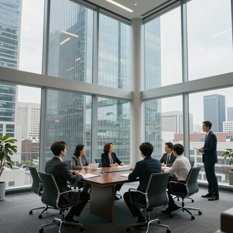 A wide shot of a modern glass-walled conference room in a US skyscraper during the daytime, showing a collaborative and bright atmosphere.