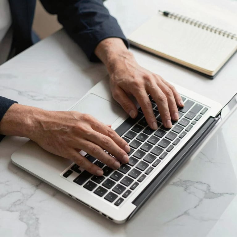 A clean, overhead shot of a professional's hands working on a modern metallic laptop next to a notebook on a white marble desk.