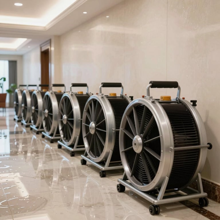A row of high-velocity air movers drying a flooded luxury hallway, bright and clean composition, professional restoration equipment, South Florida / US.