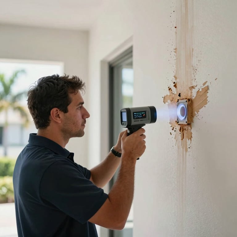 A technician in a branded polo shirt using a thermal imaging camera to detect moisture behind a wall in a Miami home, professional lighting, South Florida / US.