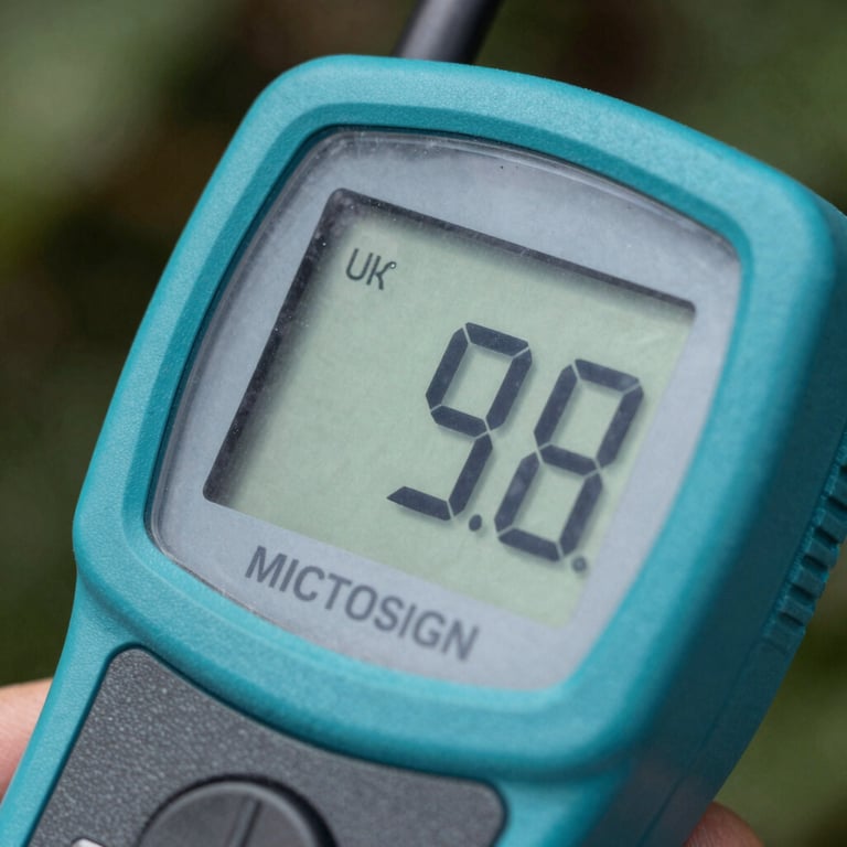 Close-up of a high-tech moisture meter showing a low reading after successful structural drying, teal accents, sharp focus, South Florida / US.