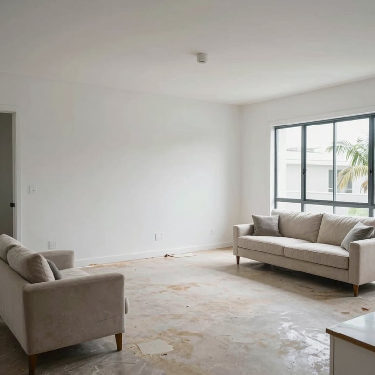 An interior view of a fully restored, pristine living room after flood damage, featuring crisp white walls and modern furniture, emphasizing a fresh start, South Florida / US.