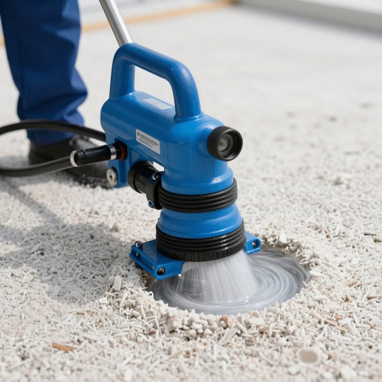 Industrial water extraction vacuum being used on a saturated carpet, crisp white and ocean blue color palette, professional restoration scene, South Florida / US.
