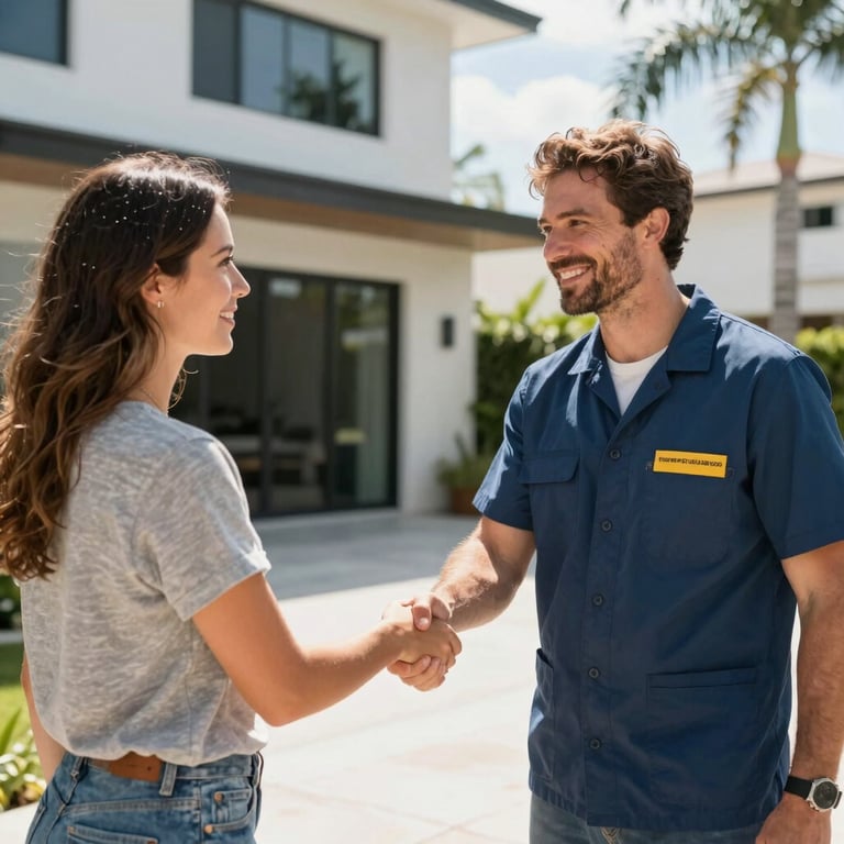 A friendly restoration expert shaking hands with a relieved homeowner outside a modern Miami residence, bright sun, professional and trustworthy mood, South Florida / US.