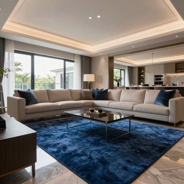 A wide-angle view of a luxury residential living room, airy and impeccably dusted with a royal blue area rug.