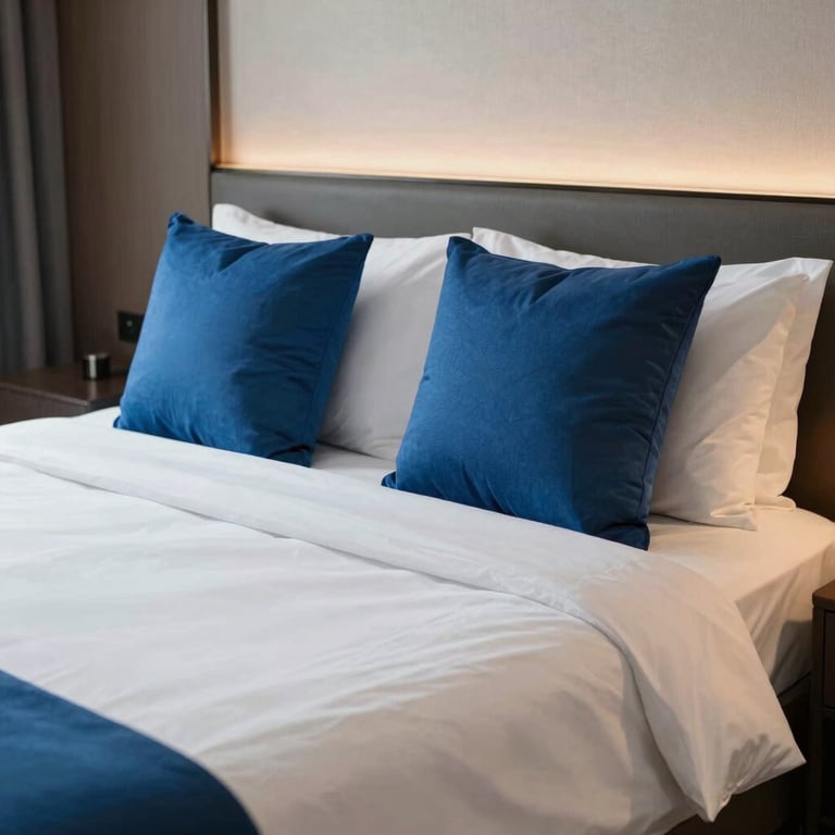 A crisp, hotel-style bedroom in a luxury apartment with royal blue pillows and perfectly made white linens.