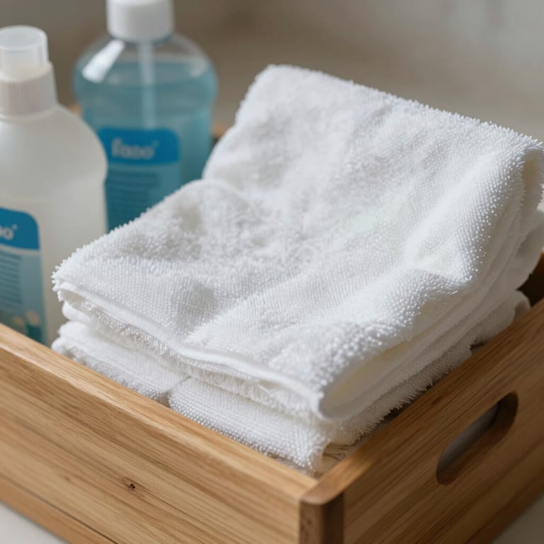Close-up of high-quality cleaning supplies and white cloths arranged neatly in a wooden caddy.