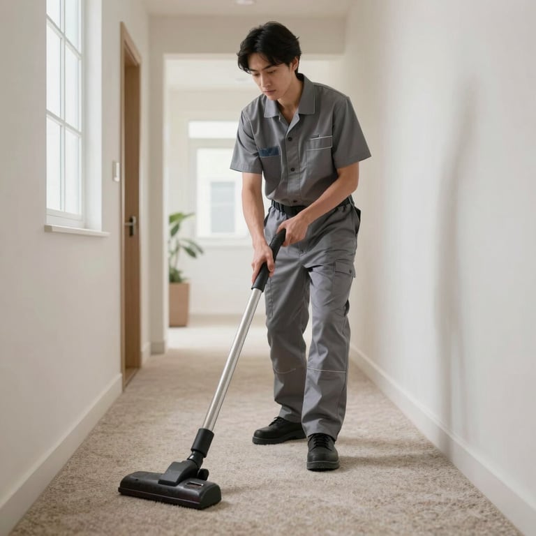A professional cleaner in a subtle grey uniform vacuuming a plush carpet in a bright North American hallway.