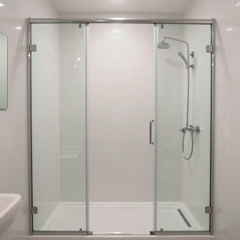 A clean, minimalist bathroom with white tiles, sparkling glass shower doors, and chrome fixtures.