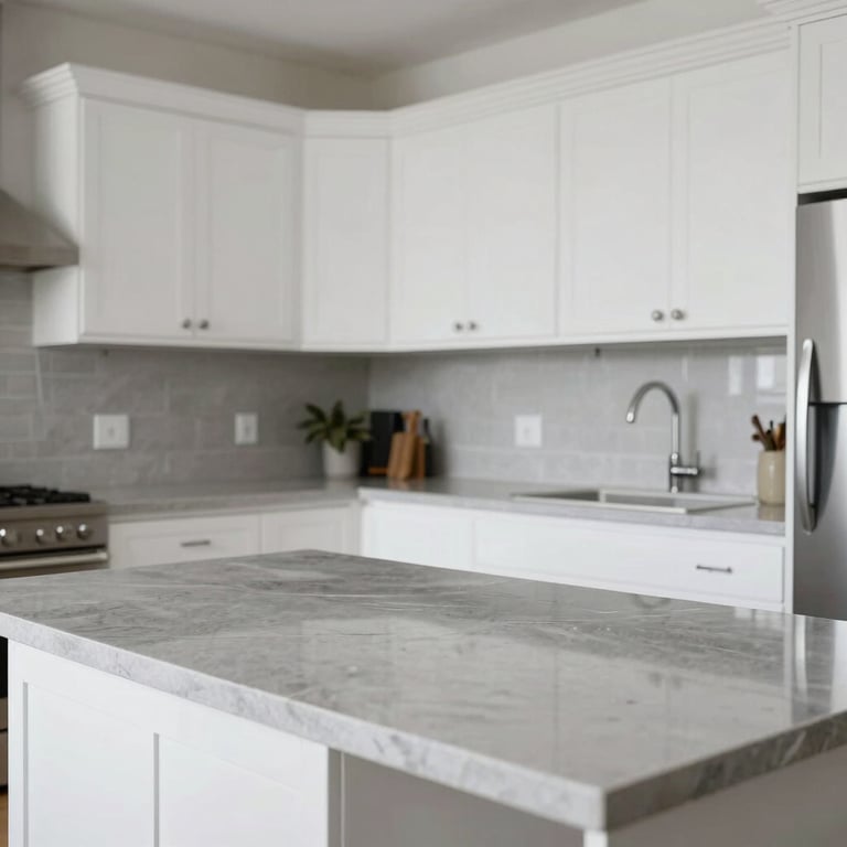 A spotless, modern North American kitchen with white cabinetry and grey stone countertops, reflecting a clean and professional finish.