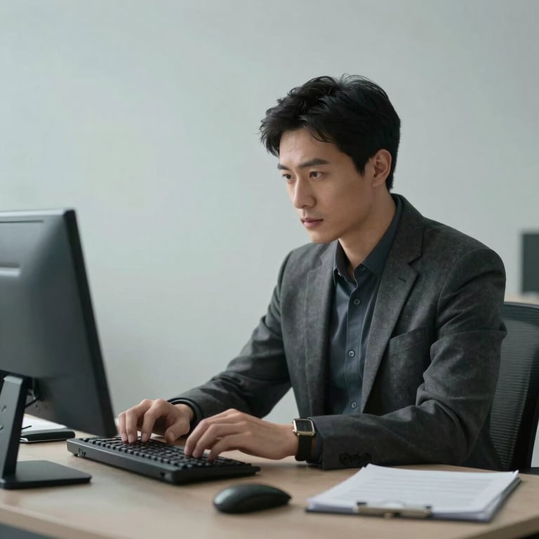 A focused professional looking at a clean workspace, wearing business casual attire, surrounded by pale mist wall colors.