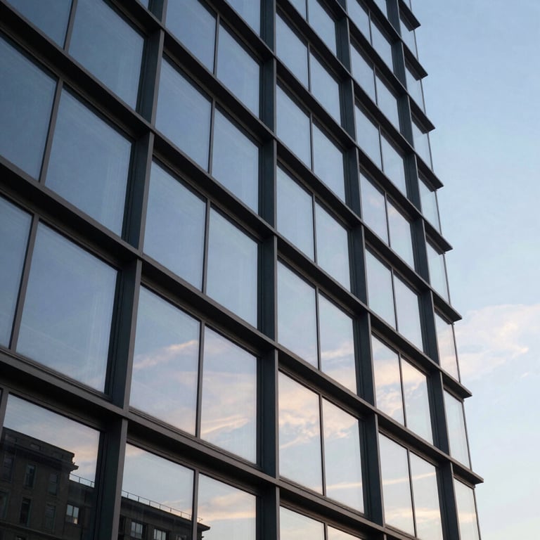 A detailed shot of architectural glass and steel reflecting a soft sky blue afternoon sky.