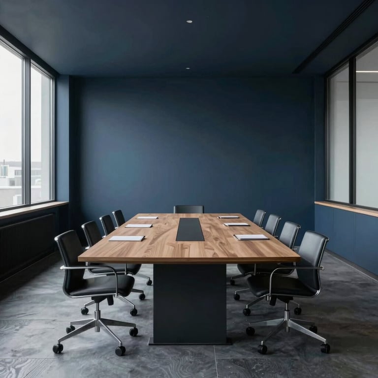 A wide shot of a minimalist, modern conference room with dark slate blue accents and large windows letting in soft, natural light.