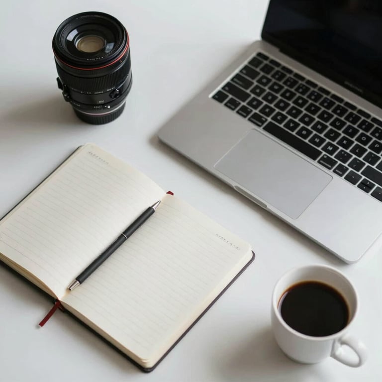 An overhead view of a clean desk with a notebook, a sleek laptop, and a cup of coffee, emphasizing a modern business workflow.