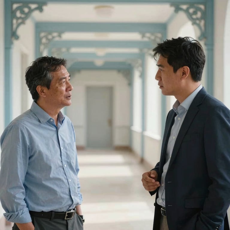 Two professionals in a subtle discussion in a bright, airy corridor with muted steel blue decorative elements.