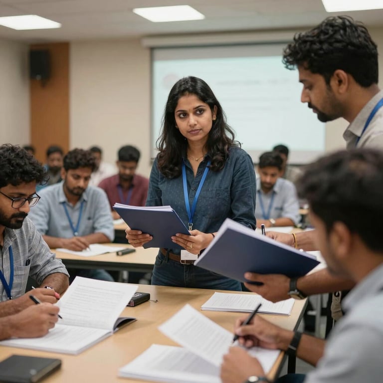 A professional teacher training workshop in a modern Indian seminar hall, with educators collaborating around dark blue folders.