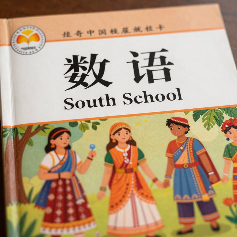 A close-up shot of a high-quality, colorful primary school textbook featuring South Asian cultural motifs and clear English typography on an off-white background.