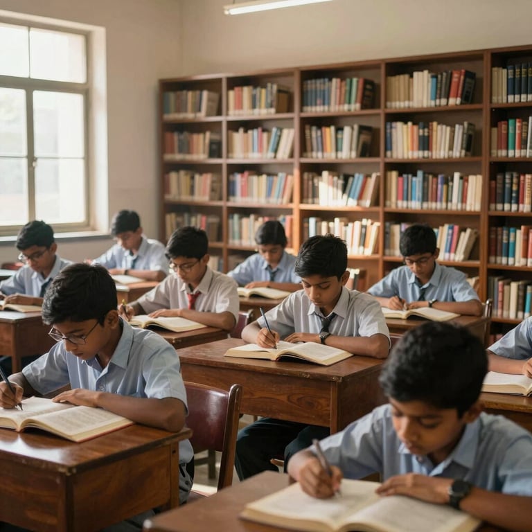 A sunlit library in an Indian school where students are reading together in a professional, quiet, and inspiring atmosphere.