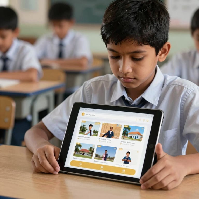 A middle-school student in a South Asian school setting, focused on a tablet displaying an educational app with gold-colored UI accents.
