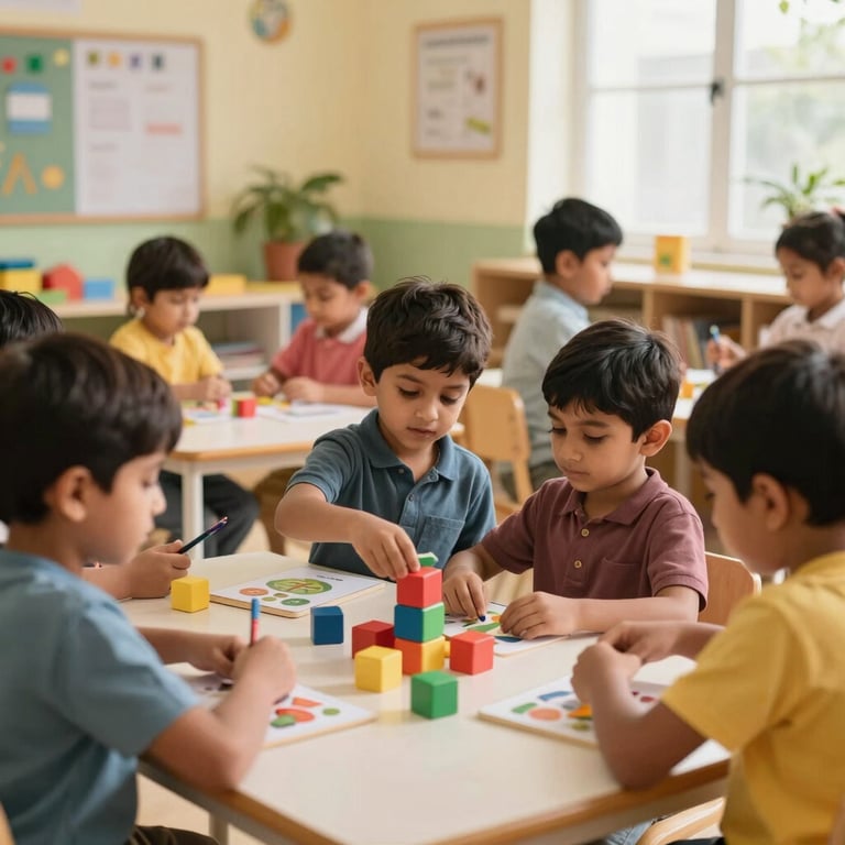 A bright and airy Nursery classroom in an Indian school where young children are engaged with interactive story-based learning blocks.