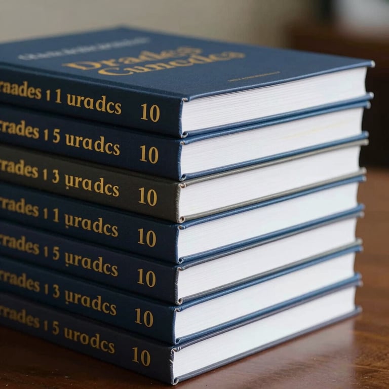 A stack of professionally designed curriculum books for Grades 1 through 10, showing premium finishes and gold-leaf titles.