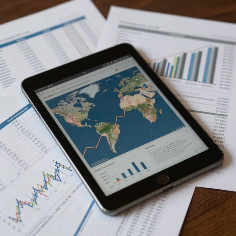An overhead shot of organized financial reports and a digital tablet showing growth charts. Global / Professional Business.