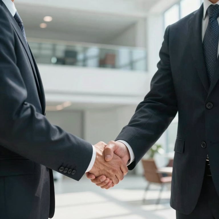 Two business professionals in formal suits shaking hands in a bright, modern office lobby. Global / Professional Business.
