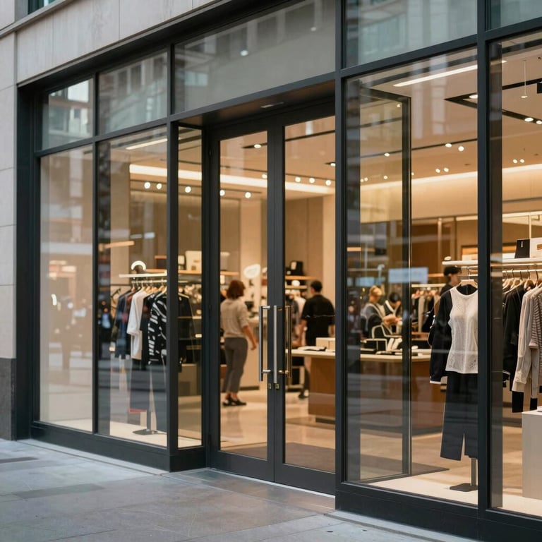 Exterior view of a contemporary glass storefront door system in a bustling North American / US city shopping district.