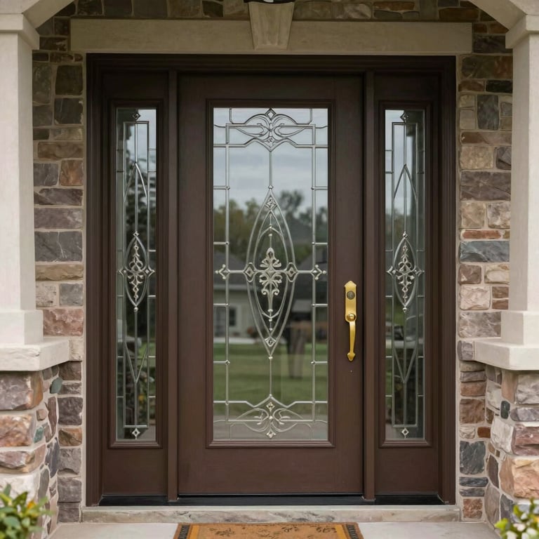 Elegant residential front door with decorative glass panels and a gold bronze handle, set in a North American / US suburban home with stone accents.