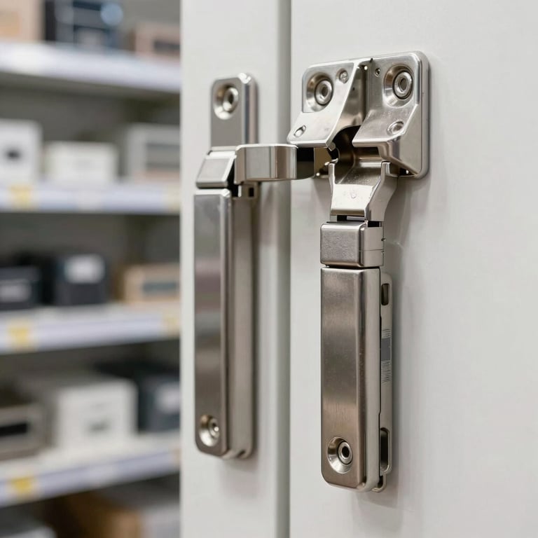 Detailed close-up of high-quality stainless steel hinges and modern door hardware in a professional showroom setting.