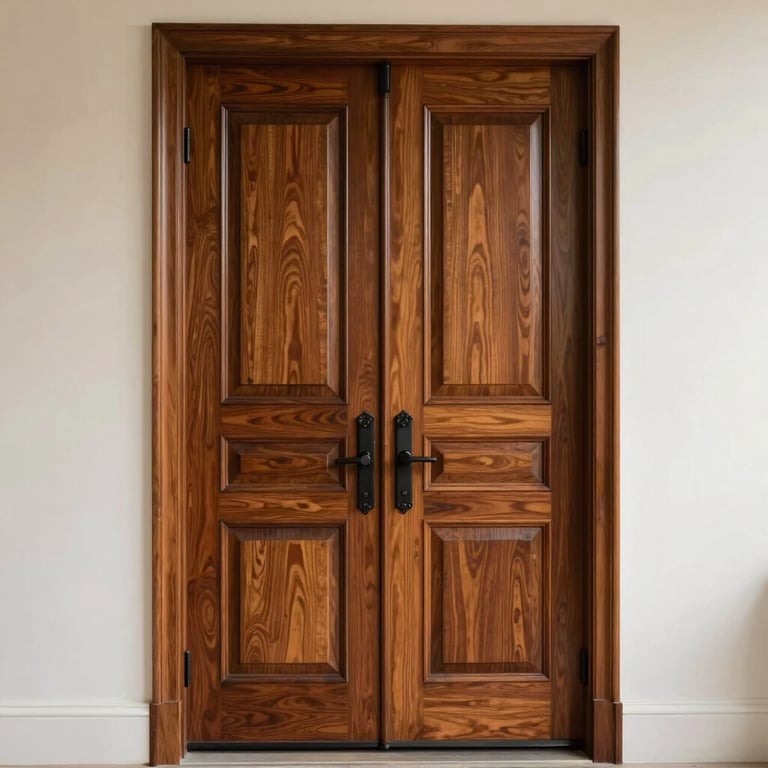 A large, majestic mahogany wood door for a classic North American / US estate with soft lighting and a polished finish.