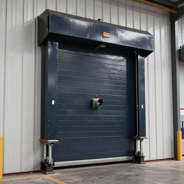 Professional shot of a heavy-duty industrial warehouse door in a North American / US commercial zone, featuring dark navy steel and high-gloss finish.