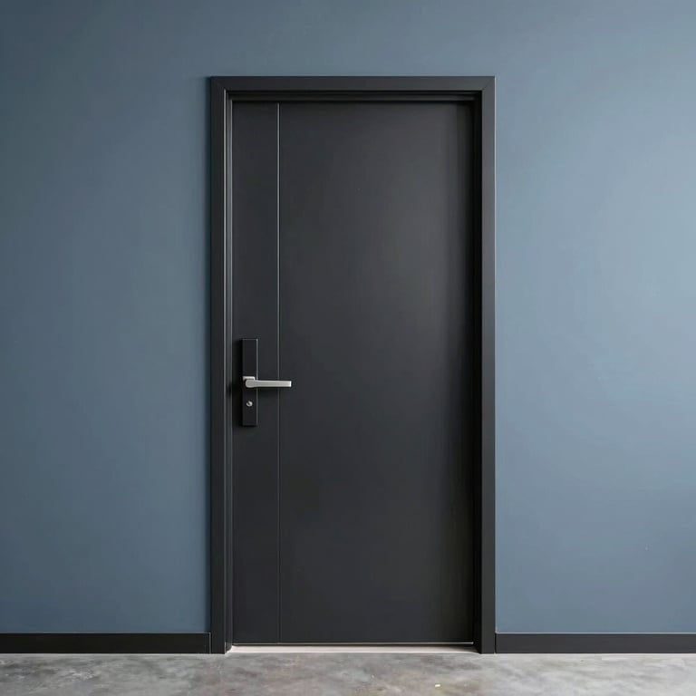 A sleek, modern black steel-framed door in a high-end North American / US office interior with dusty blue walls.