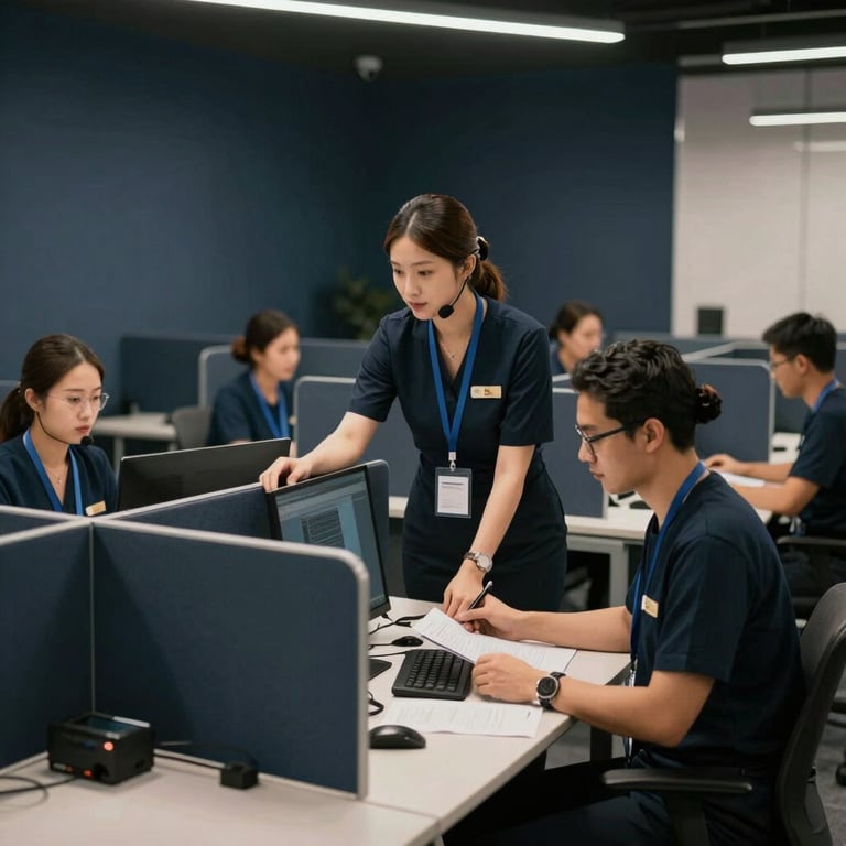 A team of professional support staff working in a modern office with dark navy partitions and bright light grey desks.
