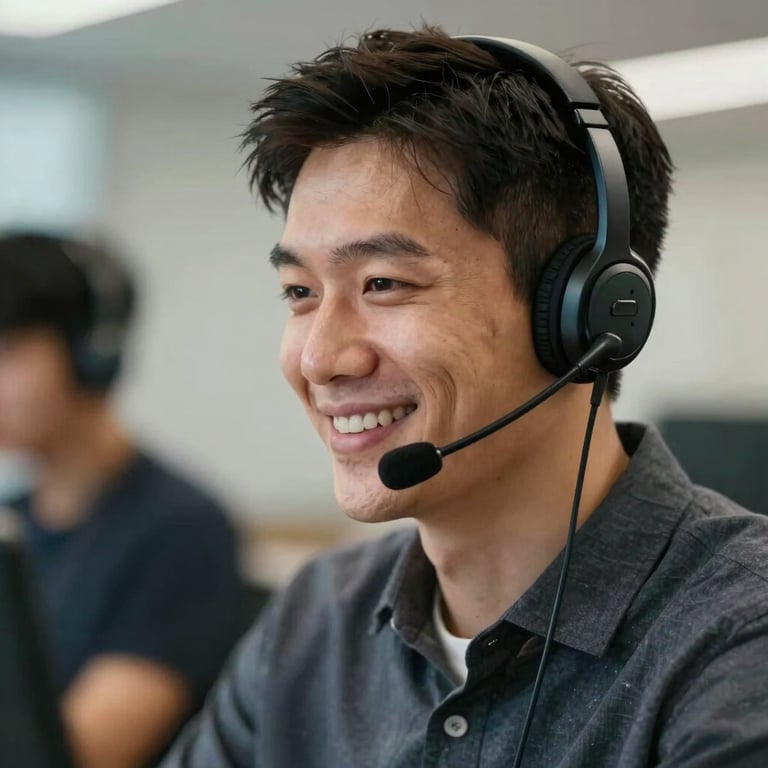 A friendly support agent smiling while talking through a high-quality headset.
