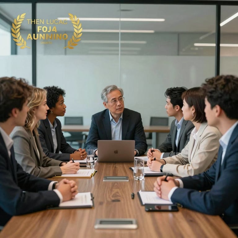 A group of diverse professionals having a collaborative meeting in a glass-walled conference room.