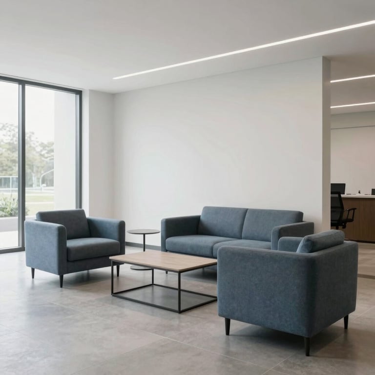 A bright and airy corporate lobby with minimalist furniture in slate blue and light grey.