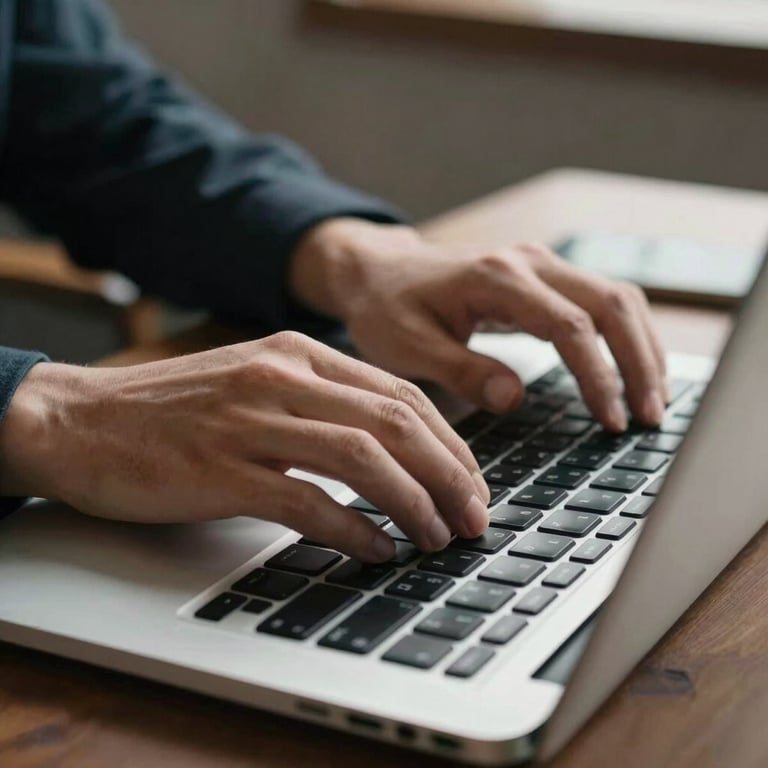 Hands typing efficiently on a sleek laptop keyboard in a professional workspace.