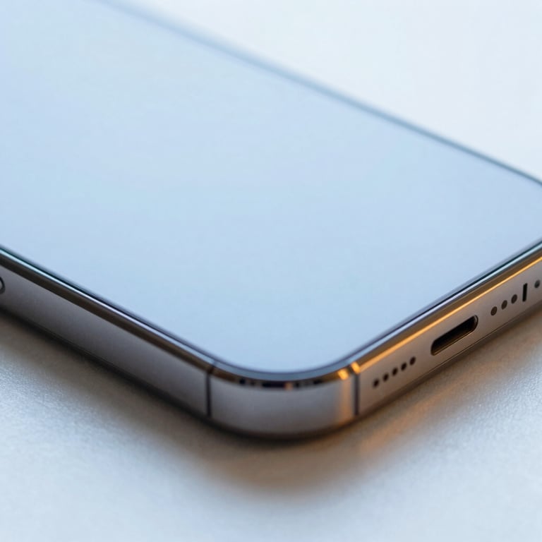 Macro shot of a modern smartphone with a sleek design on a clean surface, industrial editorial photography, crisp daylight, cool blue and amber tones, sharp focus, technical detail, 35mm lens