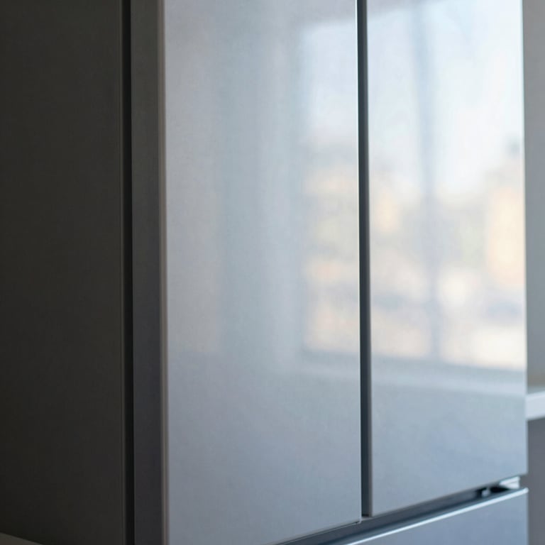 Close-up of a modern, sleek refrigerator door with a subtle reflection, industrial editorial photography, crisp daylight, cool blue and amber tones, sharp focus, technical detail, 35mm lens