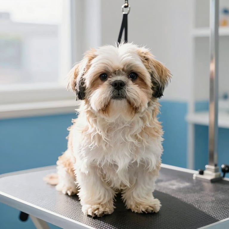 Shaggy, overgrown Shih Tzu with matted fur sitting on a grooming table, bright natural daylight, warm clinical photography