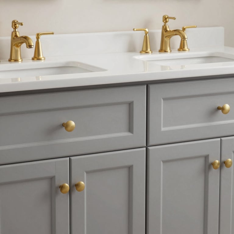 Close-up of a modern double vanity with soft gray cabinets and polished gold hardware, North American / US style.