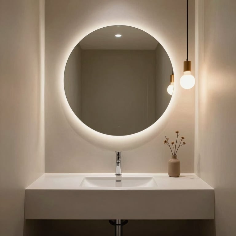 A minimalist bathroom corner with a floating vanity, large circular mirror, and warm pendant lighting.