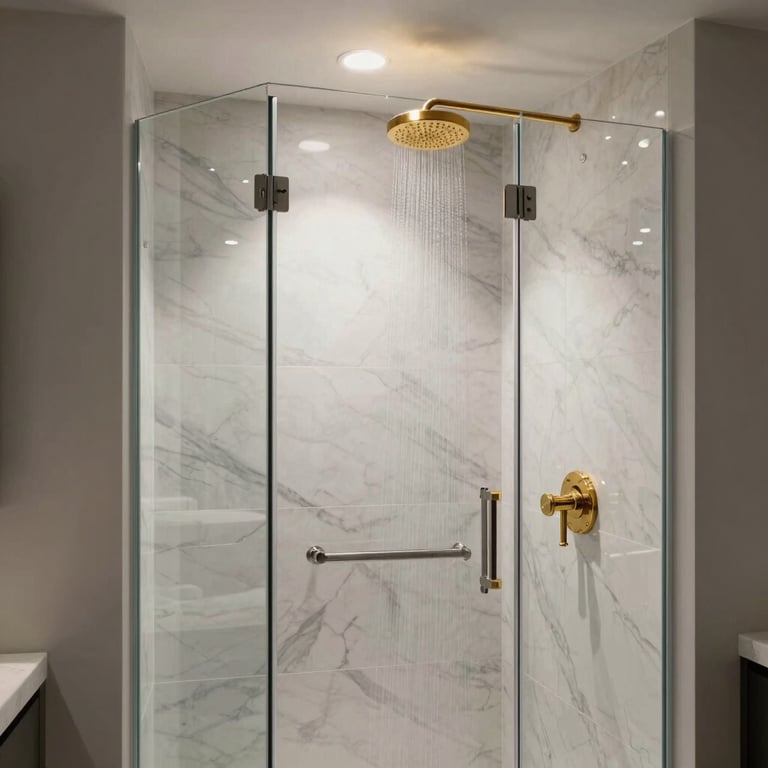 A sleek walk-in shower with glass doors, white marble walls, and a recessed gold rainfall showerhead, North American / US luxury home.