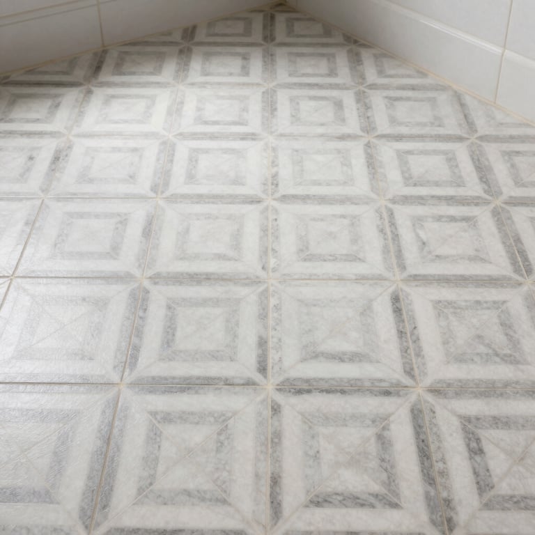 Elegant bathroom flooring featuring a intricate geometric tile pattern in white and light gray, high-end finish.
