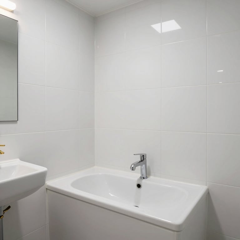 Full view of a completed bathroom renovation showcasing a seamless blend of modern white tiles and gold accents.