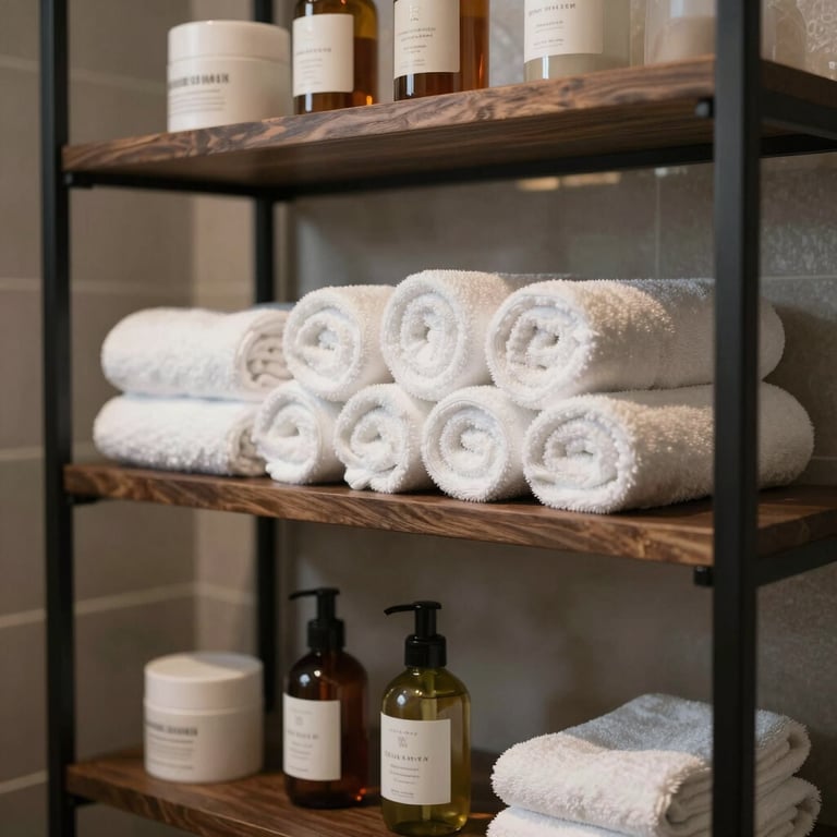 Detailed view of custom-built bathroom shelving holding rolled white towels and luxury spa products.