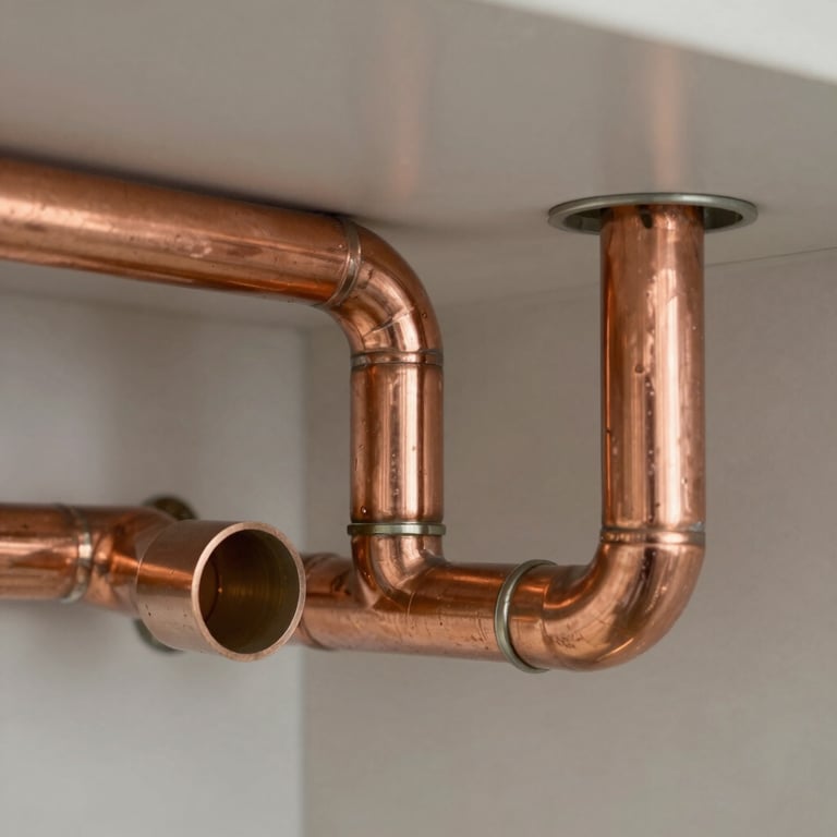 Close-up of high-quality copper piping installation in a modern residential utility room in the US.
