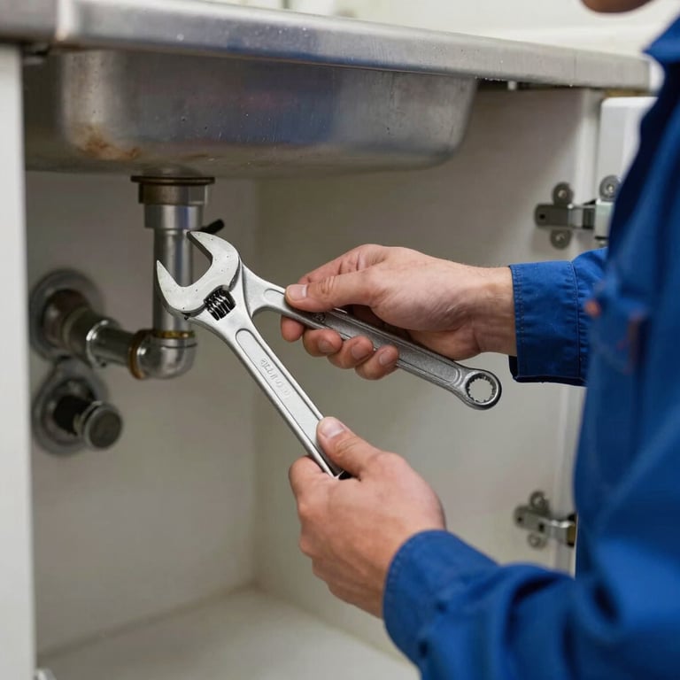 A North American plumbing technician in a steel blue uniform using a professional wrench on a kitchen sink pipe.