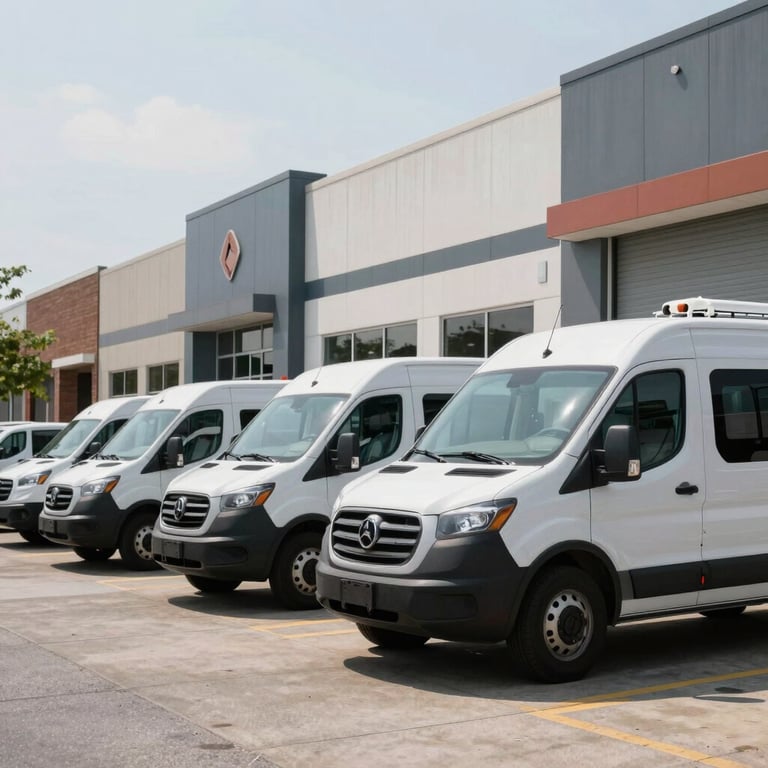 A fleet of clean, professional plumbing vans parked outside a modern Cincinnati commercial building during the day.